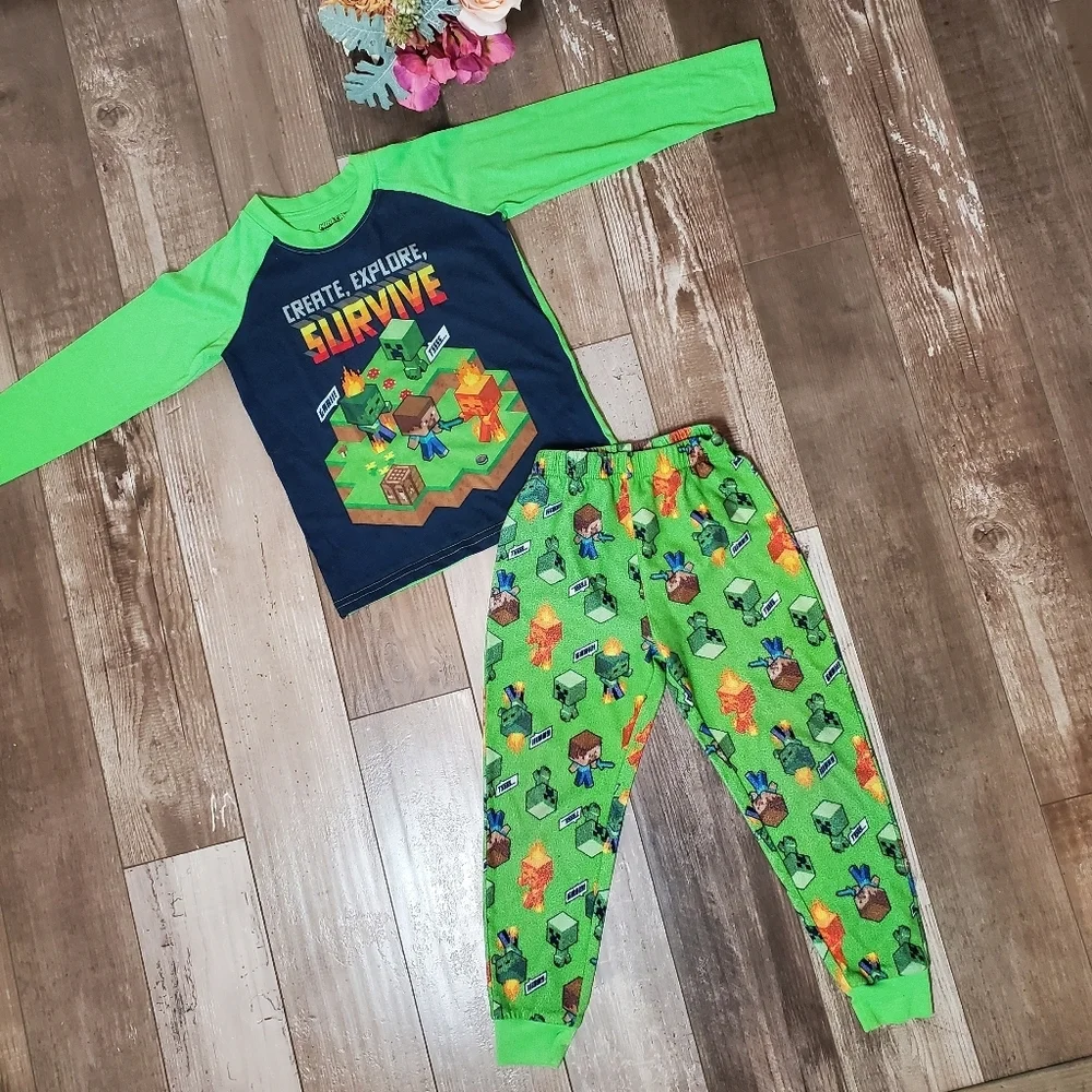 Minecraft Boys Size 4/5 Green 2pc Fleece Matching Pajama Pj Set EUC